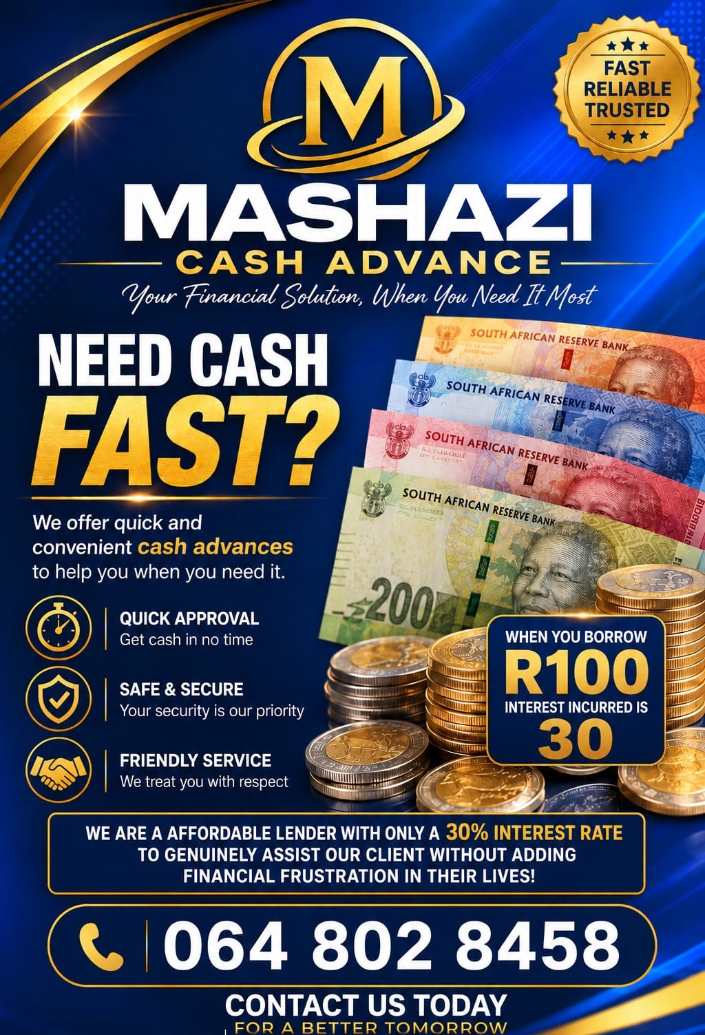 Mashazi Cash Advance flyer showing quick approval, safe and secure service, friendly service, and 30% interest rate. Contact 064 802 8458