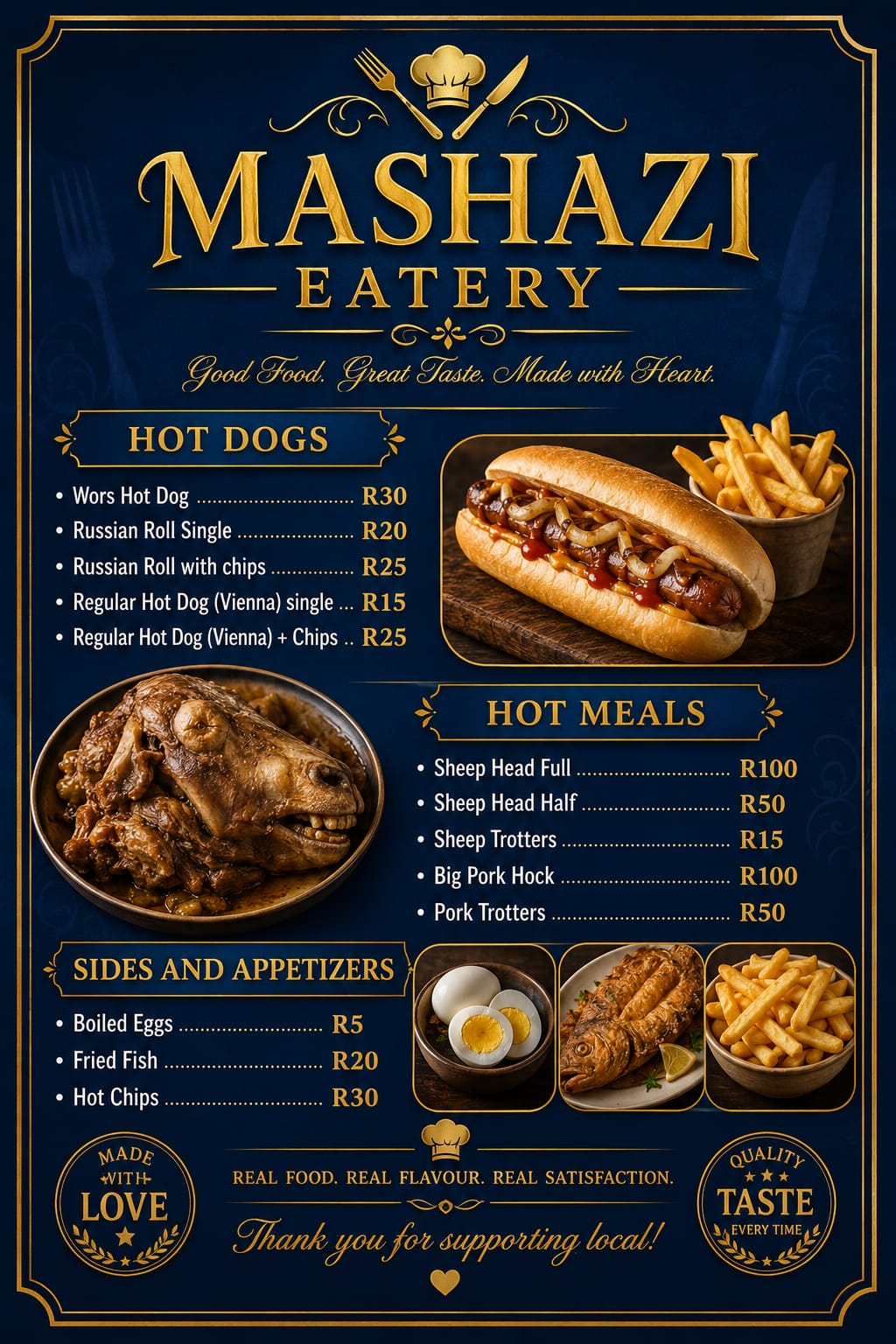 Mashazi Eatery menu featuring hot dogs, hot meals, sides and appetizers with prices in Rand