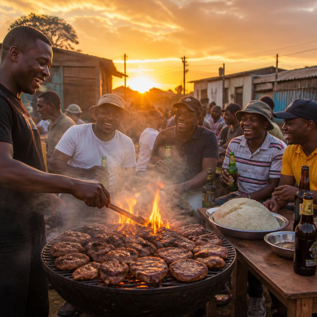 Friends enjoying a sunset braai with grilled meat and pap