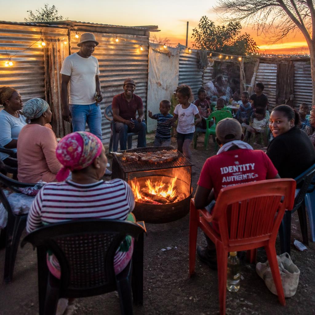 Family gathering around the fire at a township braai