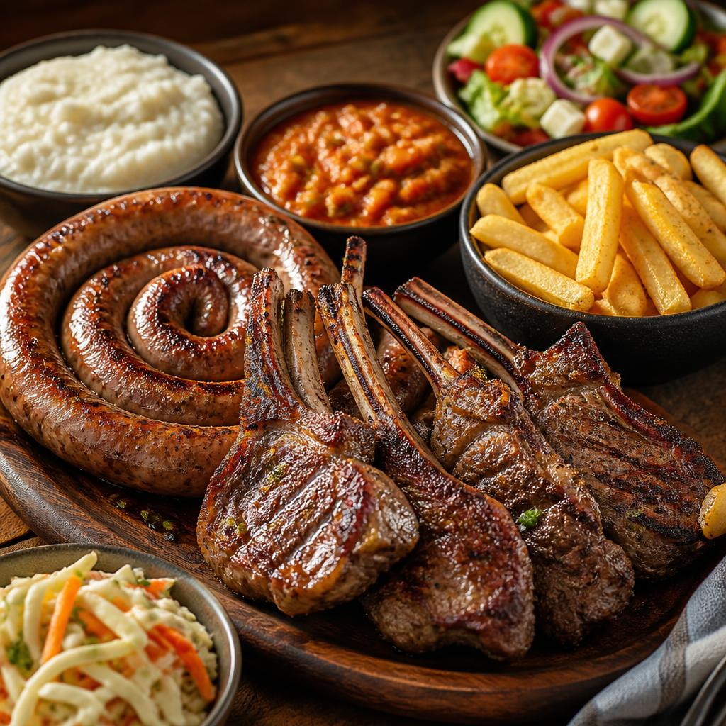 Delicious South African braai spread with boerewors, lamb chops, pap and salads